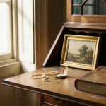 Antique oak writing desk with pearl necklace, pocket watch, and small oil painting beside a leather-bound ledger in warm afternoon light.