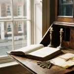 Leather-bound ledger open on an antique oak desk with brass keys, silver candlesticks, and a folded legal document in warm afternoon light.