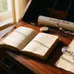 Leather-bound ledger open on an antique mahogany desk beside a vintage pocket watch, weathered property deed, and reading glasses in warm amber light.