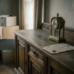 Weathered oak sideboard with an ornate antique clock and folded legal document, dusty surface in a dimly lit inherited home.