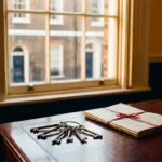 Brass door keys on a mahogany solicitor's desk beside a folded legal document, with an English townhouse visible through a sash window.