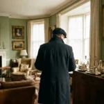 Formally dressed estate appraiser surveying a traditional British living room with antique furniture, oil paintings, and tagged silverware on a mahogany sideboard.