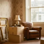 Antique leather armchair beside packed cardboard boxes in a half-cleared British living room with floral wallpaper and stacked ornate picture frames.