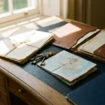 Weathered oak writing desk with aged estate documents, old house keys, and a folded UK road map beside an open leather-bound folder.
