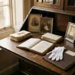 Weathered mahogany writing desk with aged family letters, handwritten journals, faded photographs, and white archival gloves beside an organised document folder.