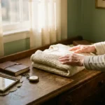 Hands folding a knitted sweater on a wooden dresser beside a pocket watch, face-down photo, and leather journal in warm afternoon light.