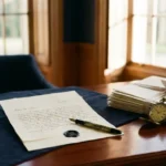 Fountain pen resting on a formal letter beside estate documents and antique pocket watch on a mahogany desk in soft afternoon light.