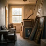 Cardboard boxes stacked in a sunlit British hallway during a house clearance, with vintage furniture and framed artwork awaiting assessment.