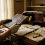 Gloved hands holding a worn leather document folder over an antique desk with aged estate papers, a brass key, and a folded property deed.