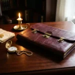 Leather-bound legal folder on mahogany desk beside a vintage pocket watch and aged estate papers in warm candlelight.