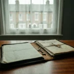 Worn leather valuation folder open on mahogany desk beside brass door key and folded tenancy agreement, period terraced townhouse visible through sash window.