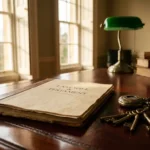 Leather-bound will document on mahogany desk beside antique pocket watch and brass keys, bathed in warm Georgian window light.