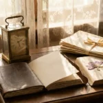 Leather-bound journal and brass carriage clock on an antique writing desk with folded legal documents and a dried flower in warm afternoon light.