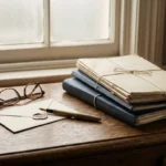 Weathered oak desk with stacked legal documents, fountain pen, sealed envelope, and folded reading glasses in soft afternoon light.