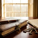 Leather-bound legal folder, vintage fountain pen, and brass house keys on a mahogany desk beside a folded property document.
