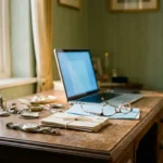 Weathered wooden desk with a wristwatch, folded letters, and reading glasses beside an open laptop glowing softly in warm ambient light.