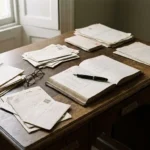Weathered oak desk with official documents, fountain pen on open registry form, and folded reading glasses in soft natural window light.