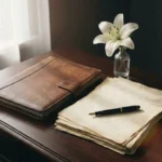 Official documents and worn leather folder on mahogany desk beside a white lily, with a vintage fountain pen resting across the papers.