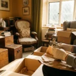 Gloved hands wrapping a porcelain figurine in packing paper amid cardboard boxes in a traditional British sitting room.