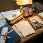 Solicitor's oak desk with property title deeds, estate maps, valuation notes, open probate file, and brass key ring holding house keys.