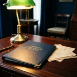 Leather-bound probate valuation report on a mahogany desk beside a fountain pen and official documents, lit by a warm amber lamp.