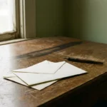 Sealed white envelope on a worn oak writing desk beside a vintage fountain pen, with a folded letter beneath in soft natural light.