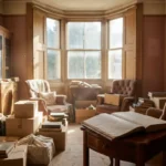 Sunlit Victorian living room with antique furniture, ornate cabinets, and stacked belongings awaiting clearance, leather ledger on mahogany side table.