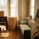 Sunlit Victorian living room mid-clearance with antique furniture, stacked cardboard boxes, and a pearl-handled teacup on a dusty mantelpiece beside a family photo.