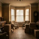 Victorian living room mid-clearance with aged furniture, packed cardboard boxes, and dust motes drifting in warm afternoon light through net curtains.