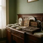 Victorian sideboard with antique china, silver candlesticks, and leather-bound books beside a solicitor's briefcase in a dimly lit inherited home.