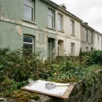 Weathered Victorian terraced house with peeling paint and overgrown garden, surveyor's clipboard and measuring tape on a mossy wall in the foreground.