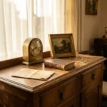Vintage mantel clock, oil painting, leather-bound book, and document envelope arranged on an antique oak sideboard in warm afternoon light.