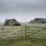Weathered wooden farm gate open to a vast British countryside field with distant barn, grain silos, and rusted tractor beside a stone outbuilding.