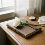 White flower resting on a worn leather journal beside a vintage pocket watch, soft afternoon light, warm muted tones.